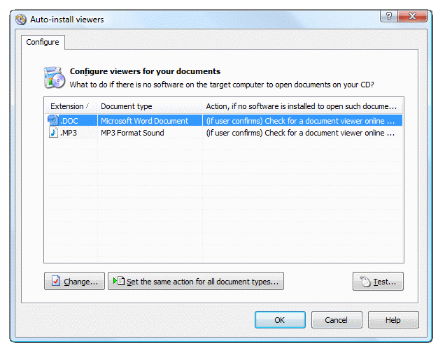 Setup actions for autorun documents if no software will be found on user's computer to open them