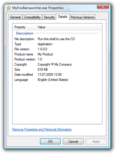 Version information in file properites of the customized autorun launcher. Click to enlarge...