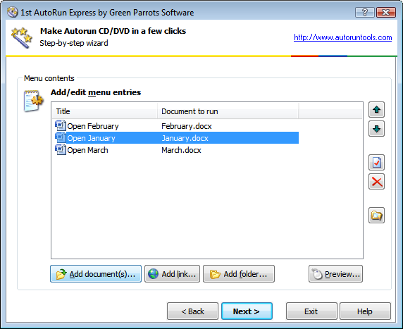Edit autorun menu: menu items added for each document
