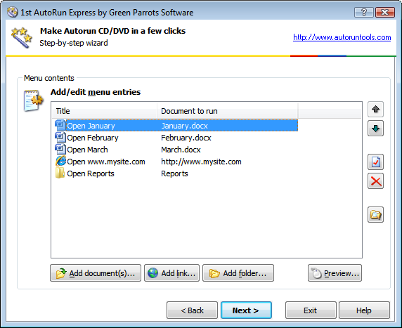 Edit autorun menu: menu with items for documents, folder and a web site