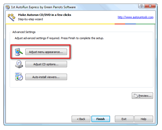 Menu design setup button on a final page of autorun menu wizard